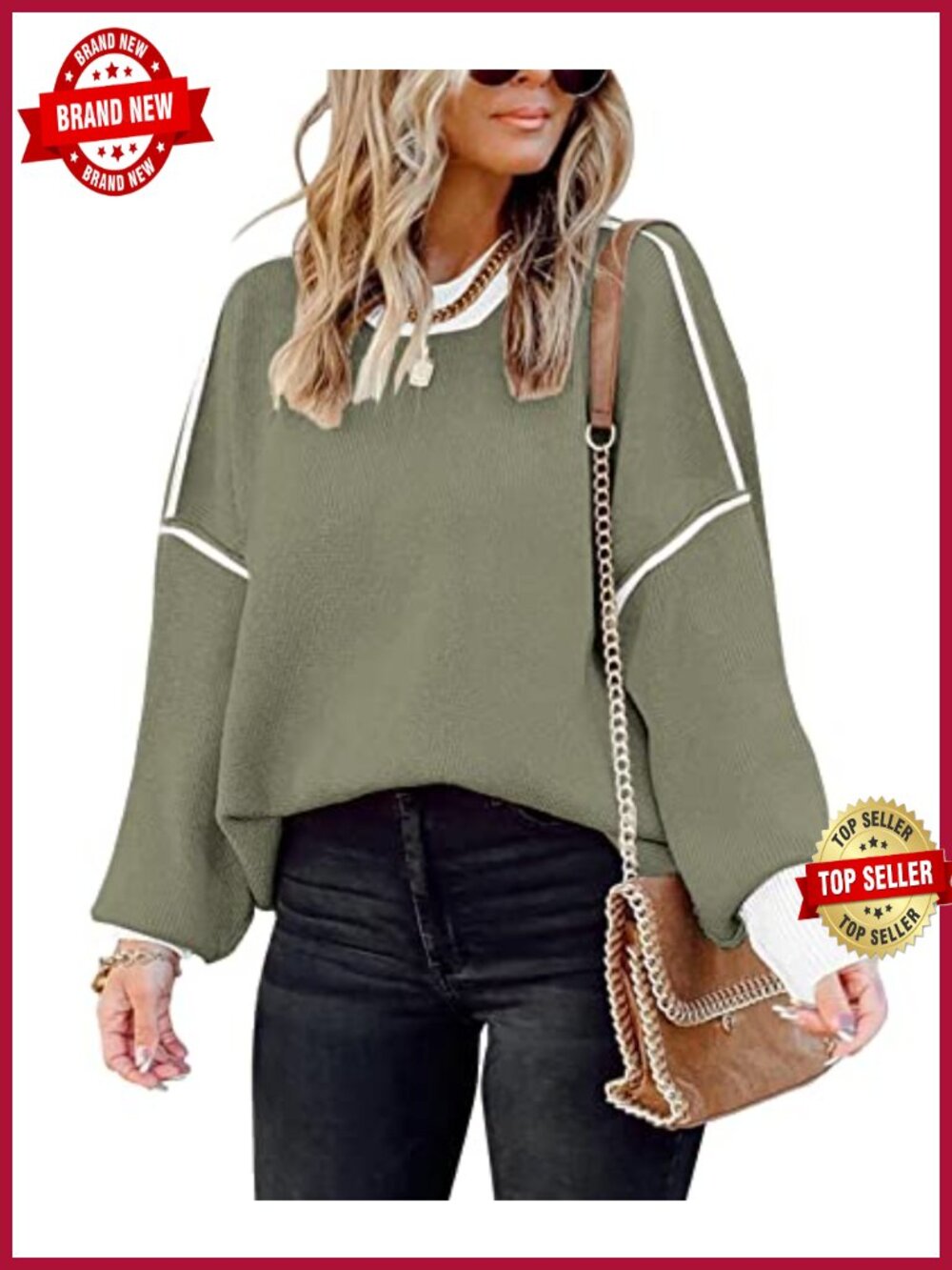 Oversized Colorblock Knit Sweater Batwing Sleeve Tunic Pullover